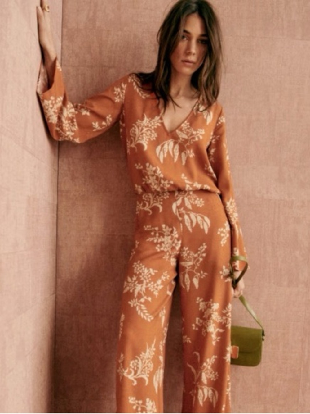 Sezane Rust-Orange Floral V-Neck Wide-Leg Jumpsuit